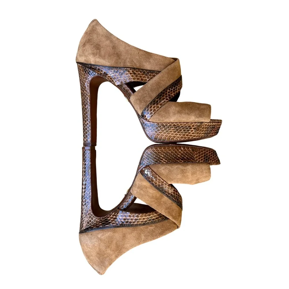 Tory Burch Suede Snakeskin Platform‎ Heels Peep Toe Sandals 7.5M Brown MSRP $425